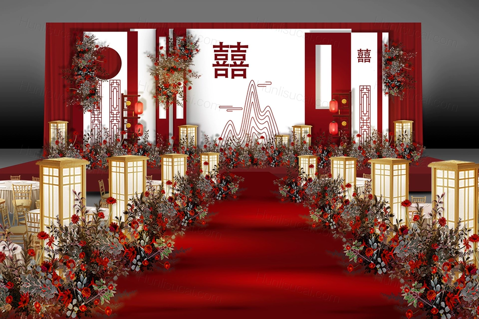 红白色INS简约侘寂风格新中式婚礼设计婚庆效果图素材psd-婚礼素材网