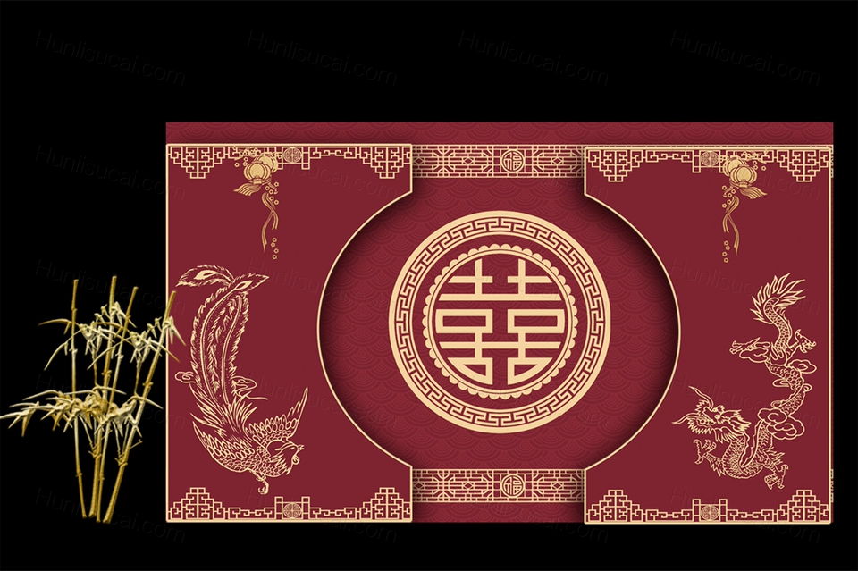 红色中式复古婚礼龙凤花纹边框舞台迎宾合影喷绘KT板背景设计素材-婚礼素材网