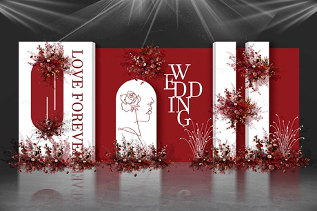 法式小香风红白色简约秀场风婚礼舞台迎宾背景效果图设计PSD-婚礼素材网
