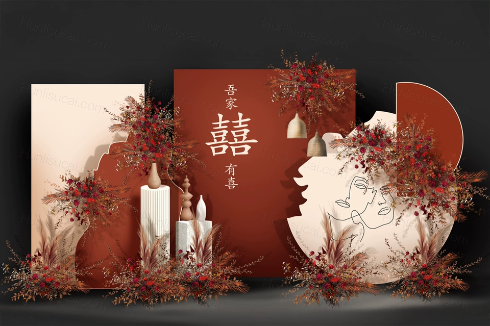 砖红色香槟色侘寂风新中式婚礼设计效果图背景喷绘素材psd-婚礼素材网