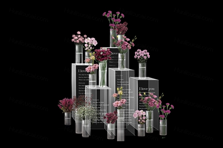 韩式婚礼效果图花艺素材亚克力柱道具婚礼交接区素材玫红色花艺-婚礼素材网