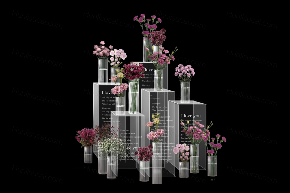 韩式婚礼效果图花艺素材亚克力柱道具婚礼交接区素材玫红色花艺-婚礼素材网