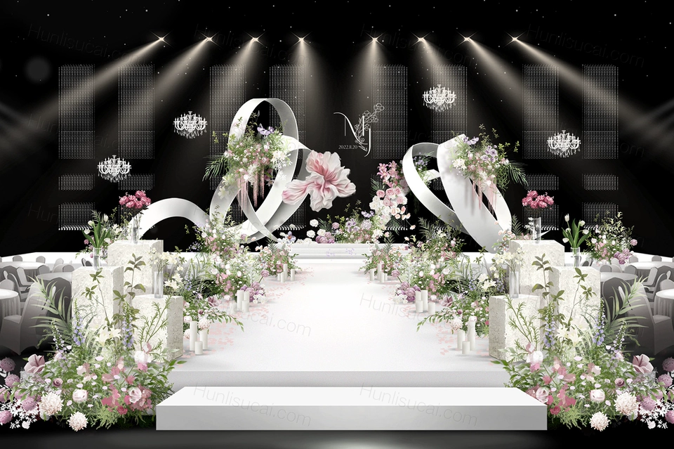 小红书同款粉紫色小众婚礼弧度自然曲线婚礼效果图背景素材psd-婚礼素材网