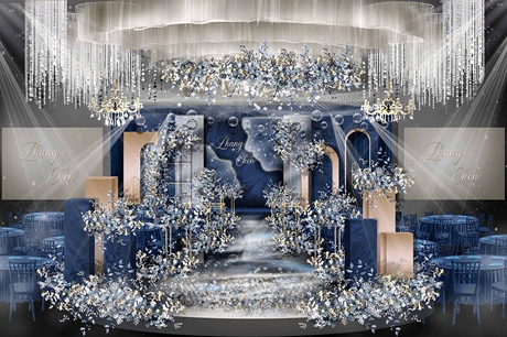 蓝色艺术创意高端婚礼设计婚庆效果图舞台展示区背景素材psd-婚礼素材网