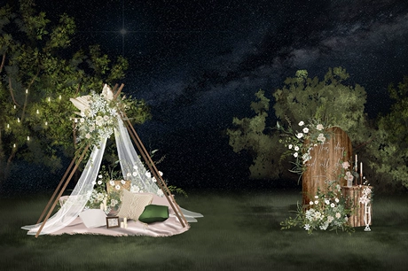 婚礼手绘效果图户外晚宴小景观ins风小众婚礼白绿psd分层素材-婚礼素材网