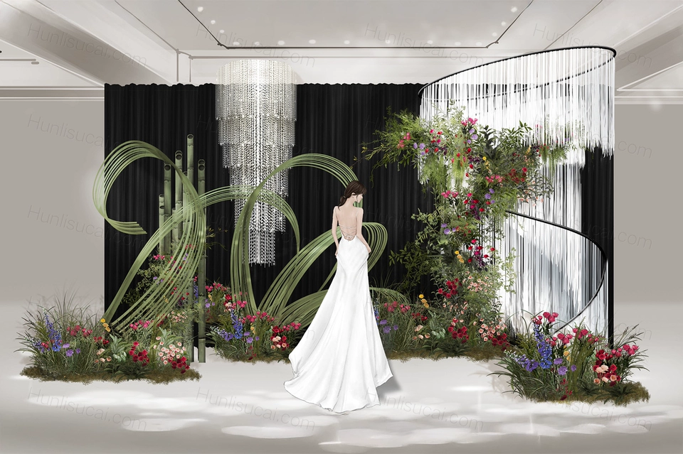 绿色竹子竹条竹篾现代艺术小众风格婚花艺婚礼设计效果图素材-婚礼素材网