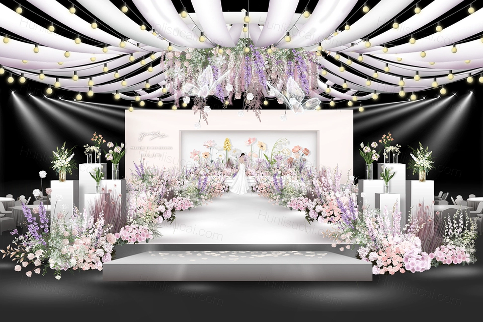 韩系简约小香风粉白紫色浪漫婚礼纸艺手工花婚礼效果图PS设计素材-婚礼素材网