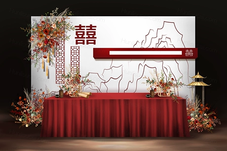 红白色高端侘寂风新中式婚礼设计婚庆舞台展示区签到区背景素材-婚礼素材网
