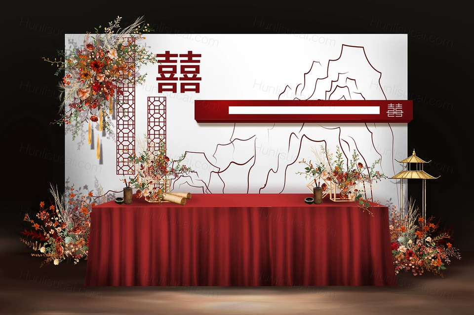 红白色高端侘寂风新中式婚礼设计婚庆舞台展示区签到区背景素材-婚礼素材网