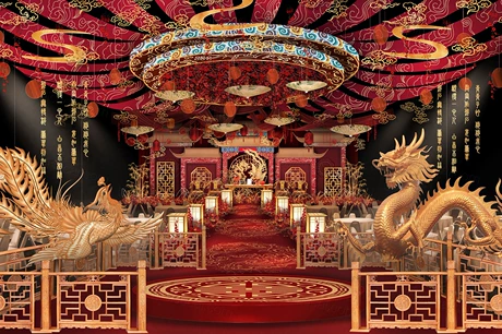 红色中式婚庆婚礼龙凤呈祥舞台背景PS展板高清分层可制作KT板素材-婚礼素材网
