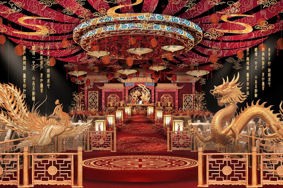 红色中式婚庆婚礼龙凤呈祥舞台背景PS展板高清分层可制作KT板素材-婚礼素材网