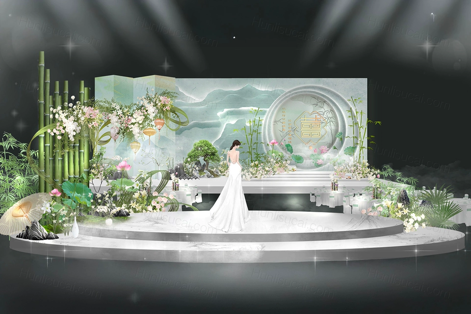 绿色江南风格荷花荷叶新中式婚礼设计效果图素材psd源文件-婚礼素材网