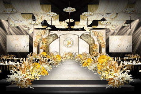 香槟色古典新中式传统婚礼设计舞台效果图背景方案素材psd-婚礼素材网