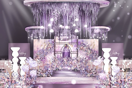 紫色水彩油画背景浪漫婚礼设计效果图舞台布置背景方案素材psd-婚礼素材网