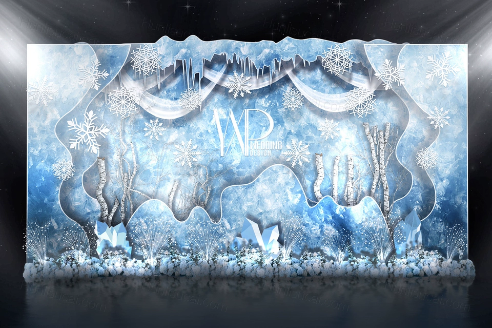 蓝色夏日冰雪主题婚礼设计婚庆舞台展示区签到区背景喷绘素材-婚礼素材网