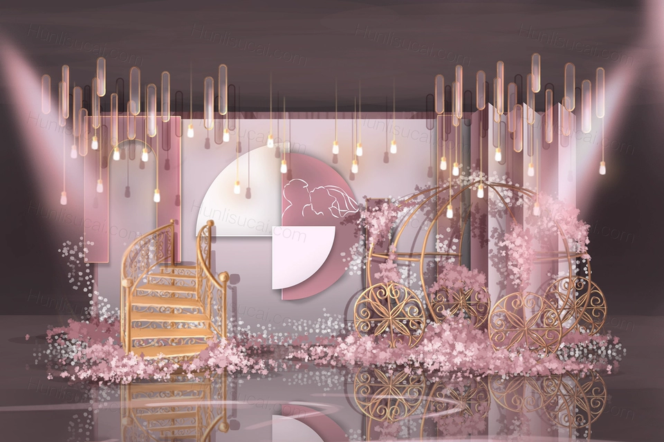 莫兰迪粉色婚礼设计婚庆舞台展示区签到区效果图背景喷绘素材-婚礼素材网