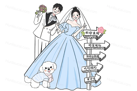 手绘婚礼订婚宴结婚布置门口迎宾指引牌卡通人形立牌kt板psd素材-婚礼素材网