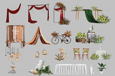 红绿香槟色纱幔布幔椅子自行车甜品台手绘摆件花艺道具PSD分层模板素材-婚礼素材网