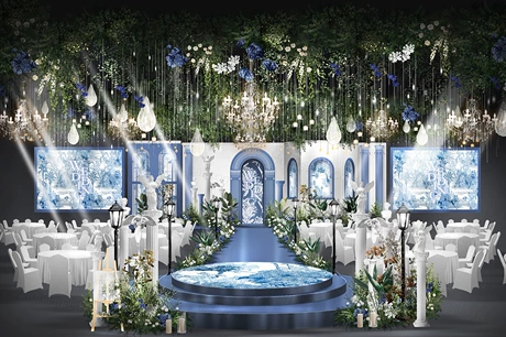 蓝白色法式庄园白绿色花艺吊顶欧式罗马柱拱门婚礼设计素材效果图-婚礼素材网