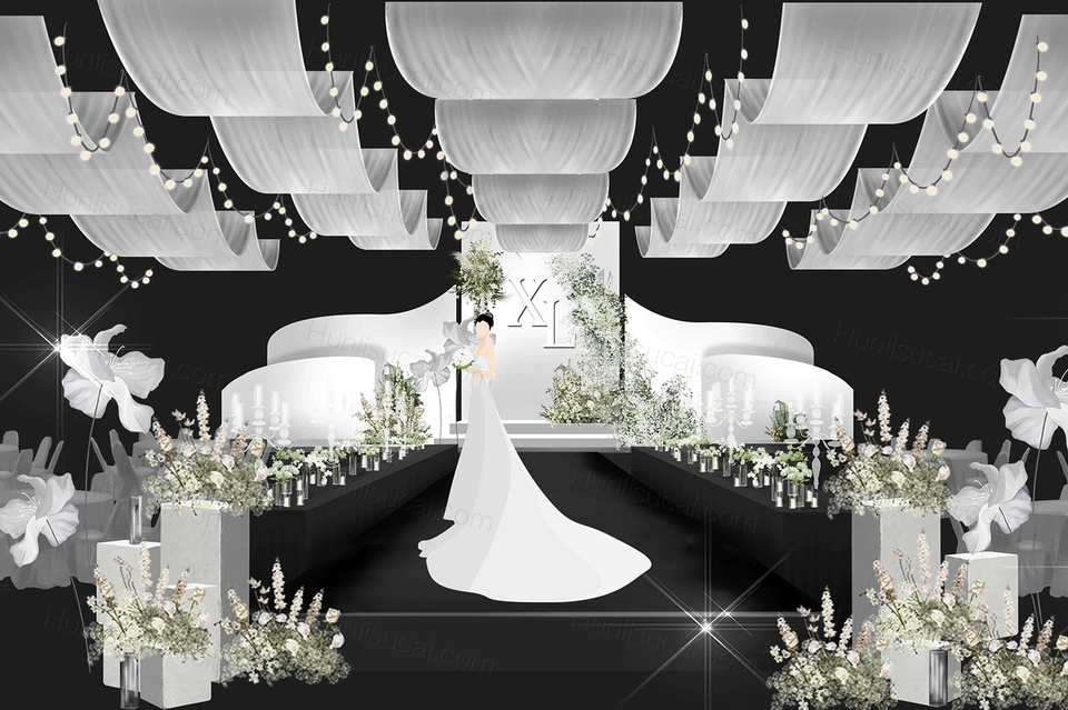 白绿婚礼效果图韩式吊顶布缦婚礼设计ps素材分层白色布缦婚庆-婚礼素材网