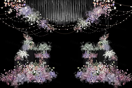 粉色系婚礼吊顶水晶珠帘吊顶素材粉紫色花艺PSD分层源文件图-婚礼素材网
