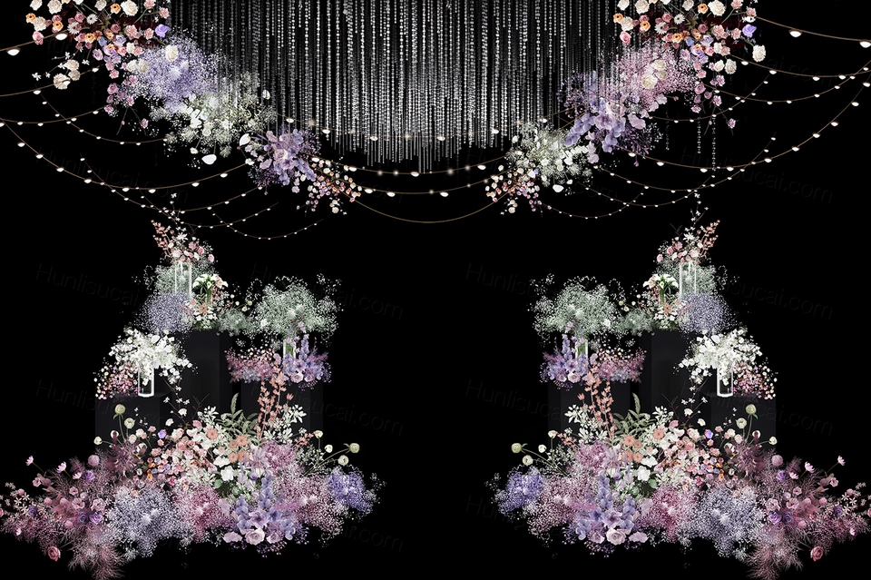 粉色系婚礼吊顶水晶珠帘吊顶素材粉紫色花艺PSD分层源文件图-婚礼素材网