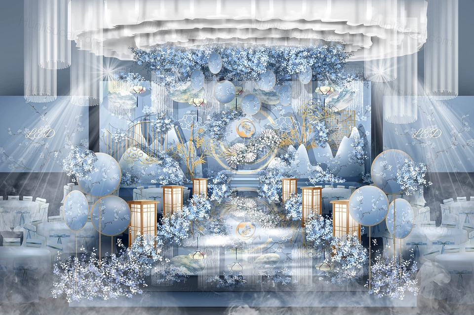 新中式浅蓝色婚礼设计效果图PSD婚礼舞台留影区背景元素喷绘素材-婚礼素材网