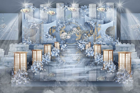 蓝色中国风中式传统高端婚礼设计婚庆效果图舞台签到背景素材-婚礼素材网