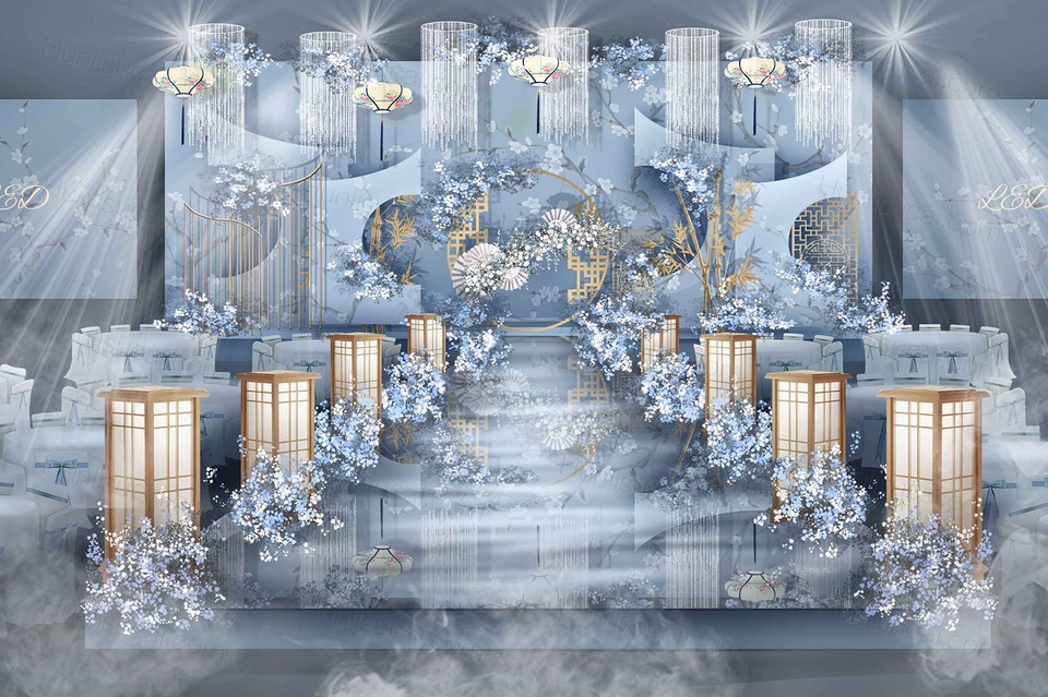 蓝色中国风中式传统高端婚礼设计婚庆效果图舞台签到背景素材-婚礼素材网