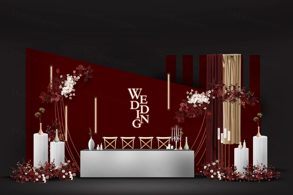 红色香槟色喜庆中国风新中式传统古典婚礼设计效果图背景素材-婚礼素材网