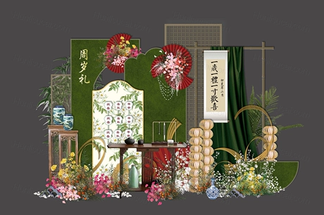 白绿色南洋风新中式宝宝百天周岁生日宴派对布置kt板背景素材设计-婚礼素材网