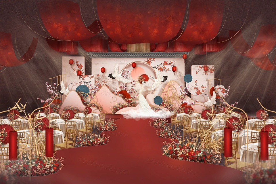 粉色新中式婚礼设计效果图大厅展示区背景元素PS制作源文件素材-婚礼素材网