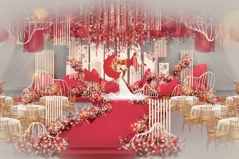 胭脂红香槟色现代新中式婚礼设计婚庆效果图舞台背景方案素材-婚礼素材网