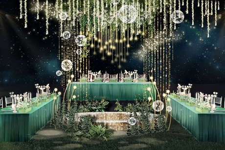 绿色系长条桌中心舞台婚礼手绘效果图布置设计方案素材psd-婚礼素材网