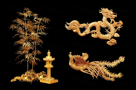 中式龙凤泡雕婚礼手绘效果图素材金色龙凤雕刻素材PSD婚礼-婚礼素材网