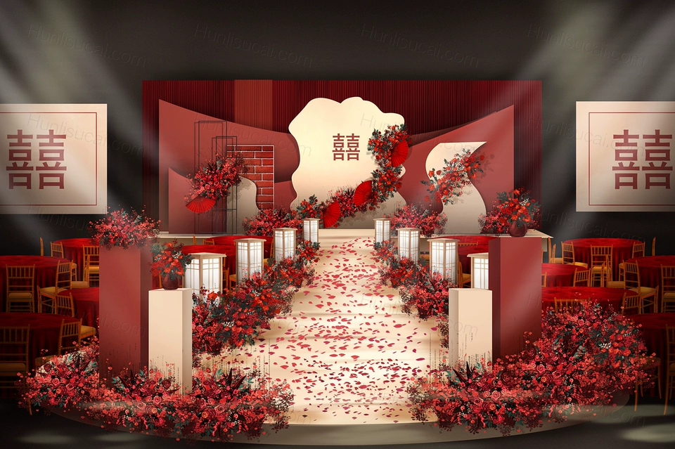 中国风2021新中式婚礼舞台背景设计效果图方案策划PSD素材-婚礼素材网