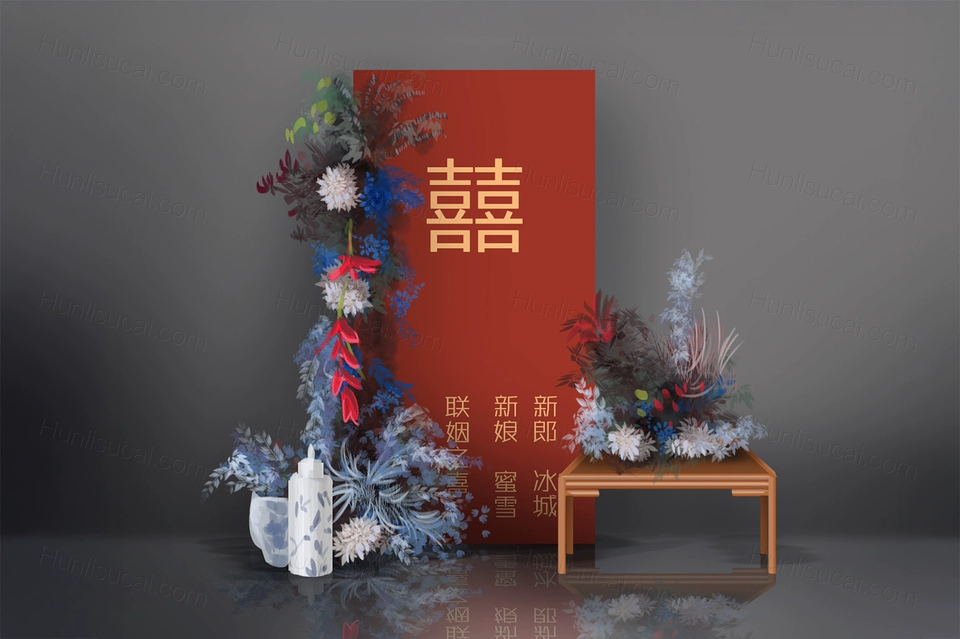 新中式小场景精致布置婚礼设计婚庆展示区效果图背景素材psd-婚礼素材网