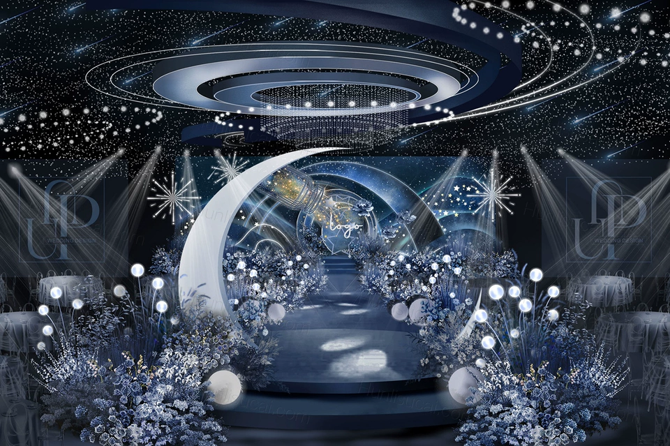 蓝色星空梦幻婚礼舞台效果图迎宾区背景素材psd源文件+制作文件-婚礼素材网