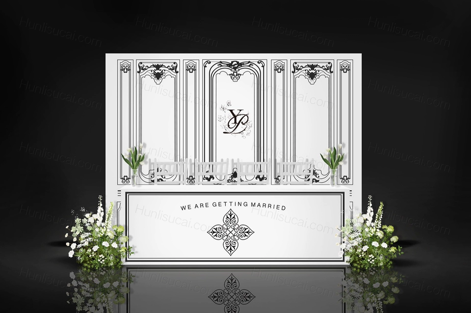黑白色法式简约高端小香风婚礼设计效果图背景方案素材psd-婚礼素材网