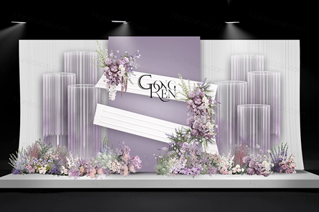 PSD紫色系小众简约婚礼效果图紫色布幔婚礼设计素材分层可修改-婚礼素材网