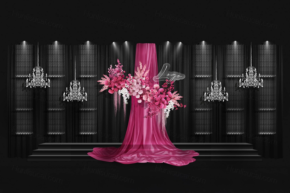 枚红色黑色水晶布艺小众婚礼设计效果图舞台展示区签到素材psd-婚礼素材网