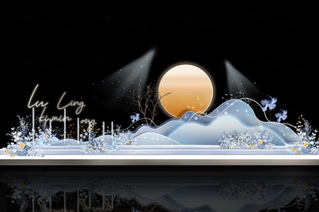 蓝色落日婚礼手绘效果图psd设计素材源文件蓝色布幔吊顶素材舞台-婚礼素材网