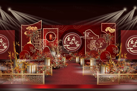 复古风红色新中式中国风小预算婚礼背景墙迎宾区效果图PS素材设计-婚礼素材网