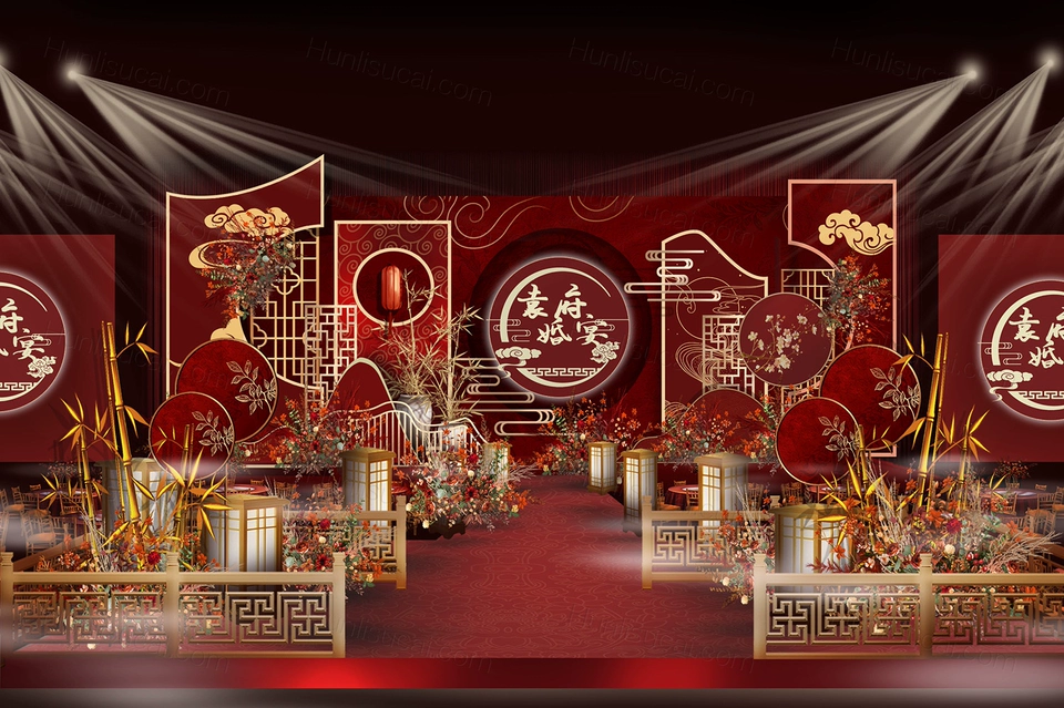 复古风红色新中式中国风小预算婚礼背景墙迎宾区效果图PS素材设计-婚礼素材网