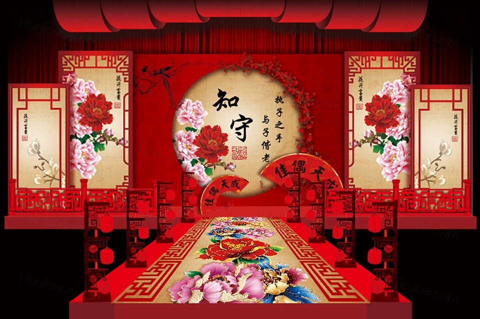 红色香槟色中式婚礼设计婚庆背景喜庆牡丹花T台喷绘素材效果图-婚礼素材网