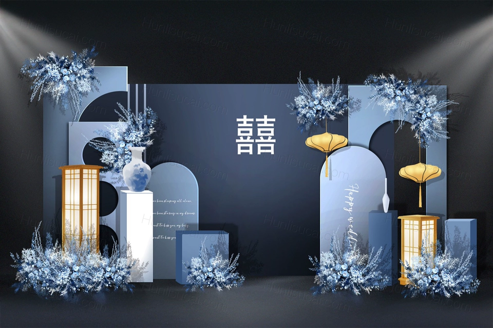 雾霾蓝2021新中式INS简约风格婚礼设计婚庆效果图背景素材-婚礼素材网