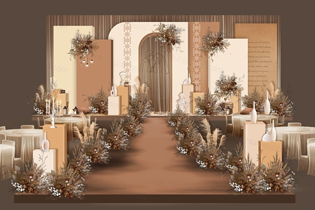 奶咖色泰式简约婚礼设计舞台展示区效果图复古风格素材psd-婚礼素材网