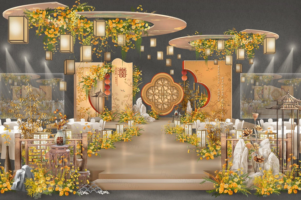 香槟色古典新中式喜庆南洋风婚礼设计效果图背景素材psd源文件-婚礼素材网