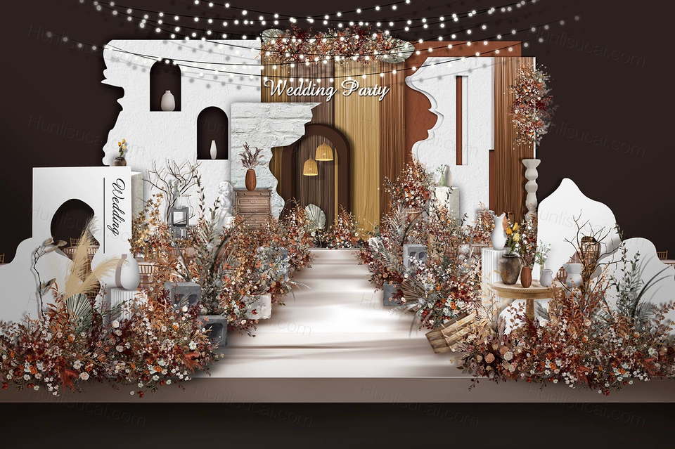 白色咖色侘寂风格婚礼设计效果图背景方案PSD素材源文件-婚礼素材网