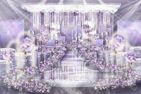 紫色水彩婚礼设计婚庆效果图舞台展示区背景方案喷绘素材psd-婚礼素材网